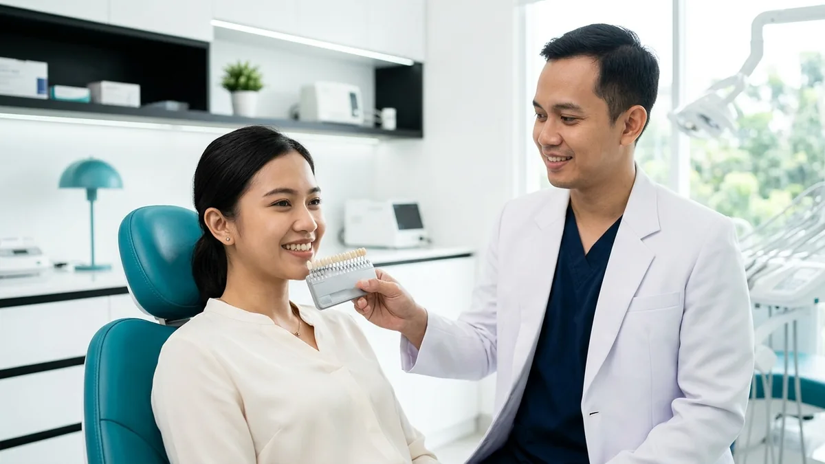Dokter gigi mencocokkan shade guide dengan warna gigi pasien sebelum bleaching gigi