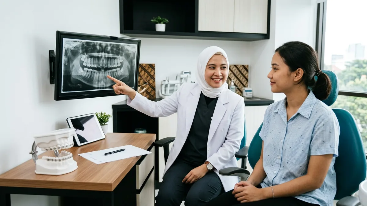 Dokter gigi menjelaskan hasil rontgen panoramik kepada pasien sebelum pemasangan behel