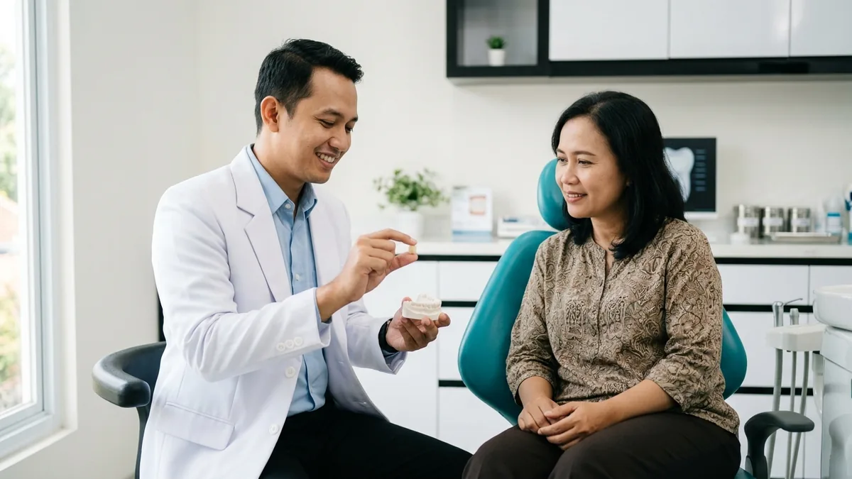 Dokter gigi menunjukkan contoh crown gigi dan model cetakan gigi kepada pasien sebelum pemasangan crown