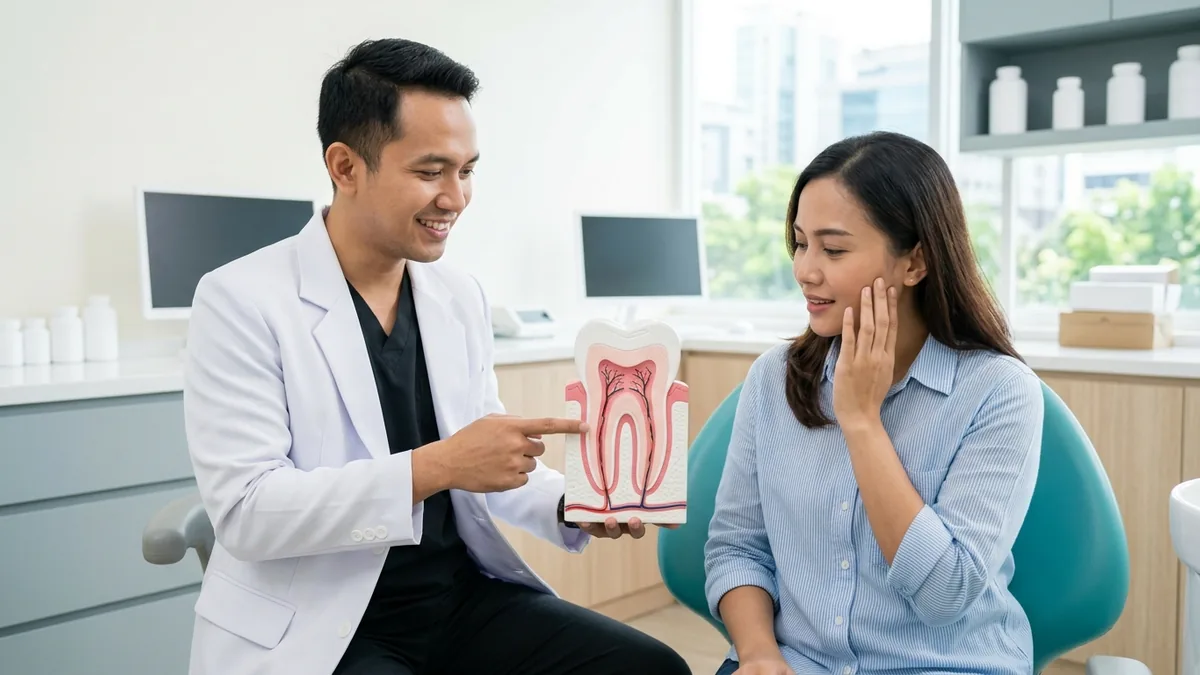 Dokter gigi menunjuk saraf dan akar pada model penampang gigi sementara pasien memegang pipinya karena sakit gigi