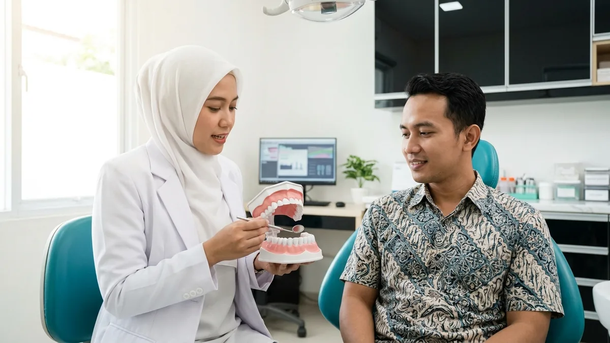 Dokter gigi menjelaskan kondisi gigi kepada pasien menggunakan model gigi sebelum scaling dan bleaching gigi