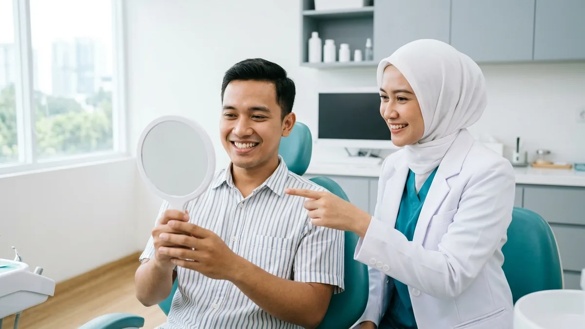 Pasien tersenyum melihat hasil tambalan gigi depan di cermin tangan sementara dokter gigi menunjuk ke arah cermin