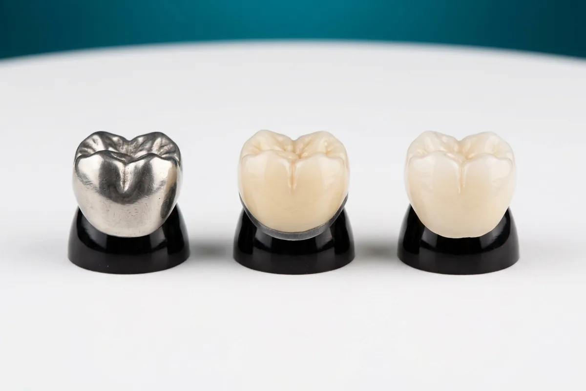 Tiga crown gigi geraham berdampingan: crown metal, crown porcelain dengan tepi logam (PFM), dan crown zirconia